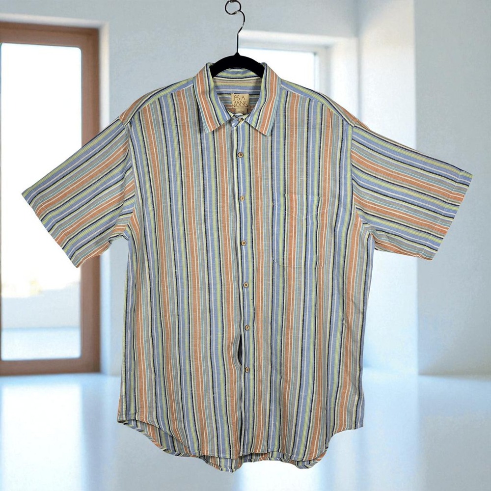 Jos. A. Bank Linen Striped Button Up Short Sleeve Shirt Mens Large Summer Beach